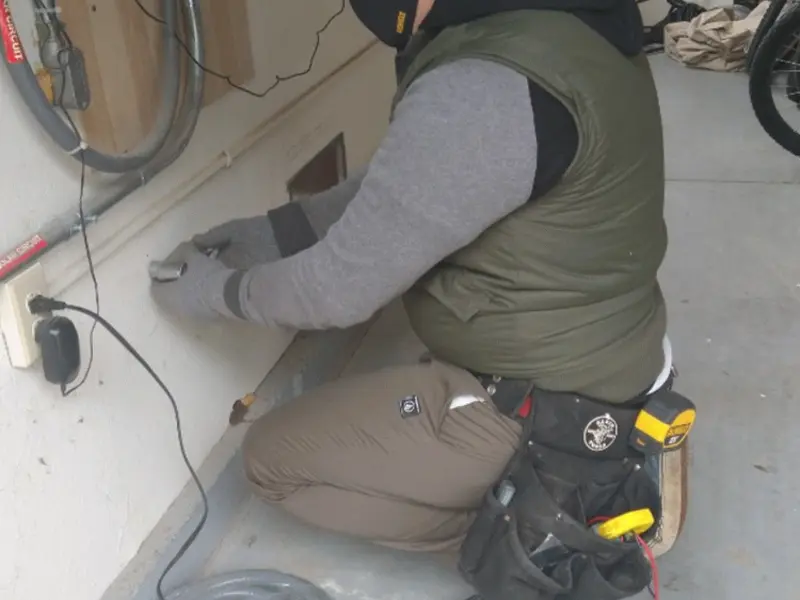 Electrician performing outlet wiring in a Robins garage